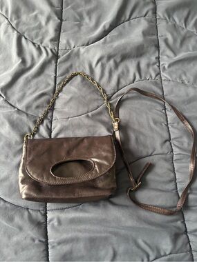latico dark brown leather crossbody with gold chain